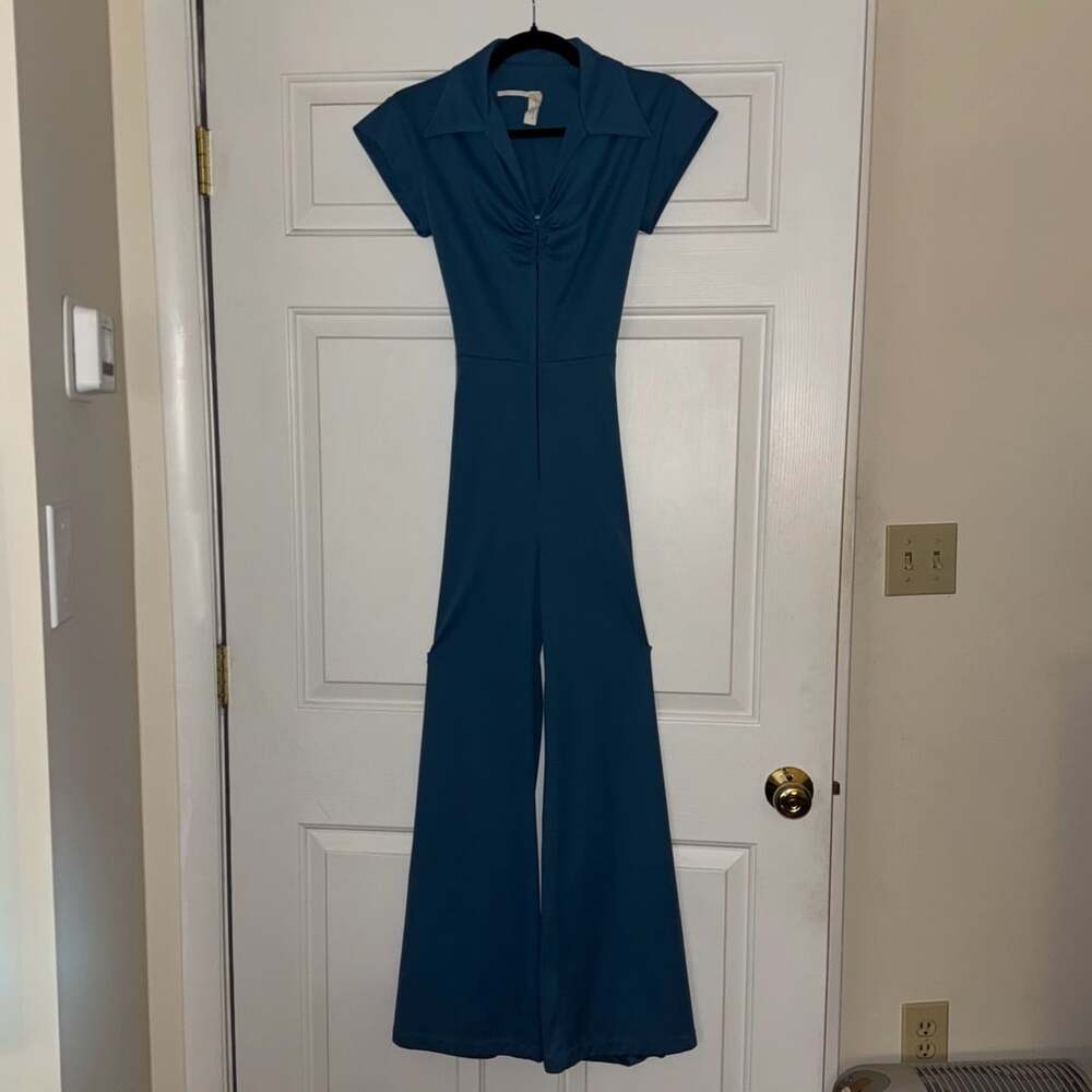 Vintage 70s Teal Bell Bottom Jumpsuit Size 9 Wide Leg Disco Mod